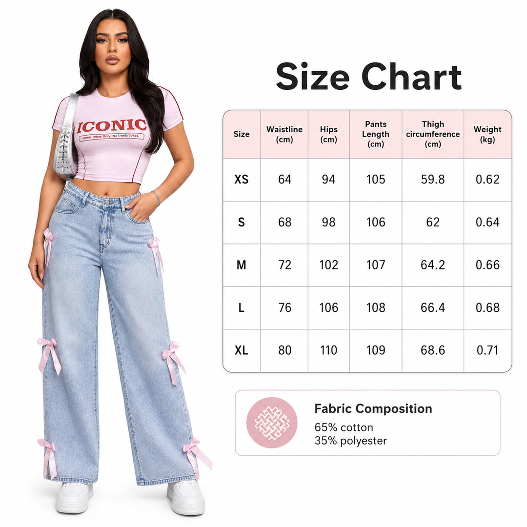 Bowknot jeans size chart with XS to XL measurements and 65% cotton 35% polyester fabric composition