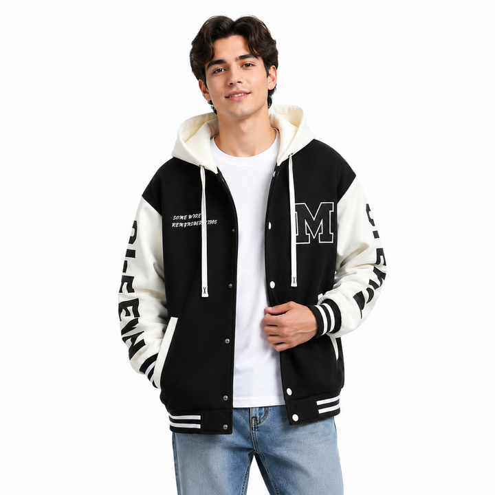Black and white colorblock hoodie jacket shown on male model at a slight angle with hood and front details visible