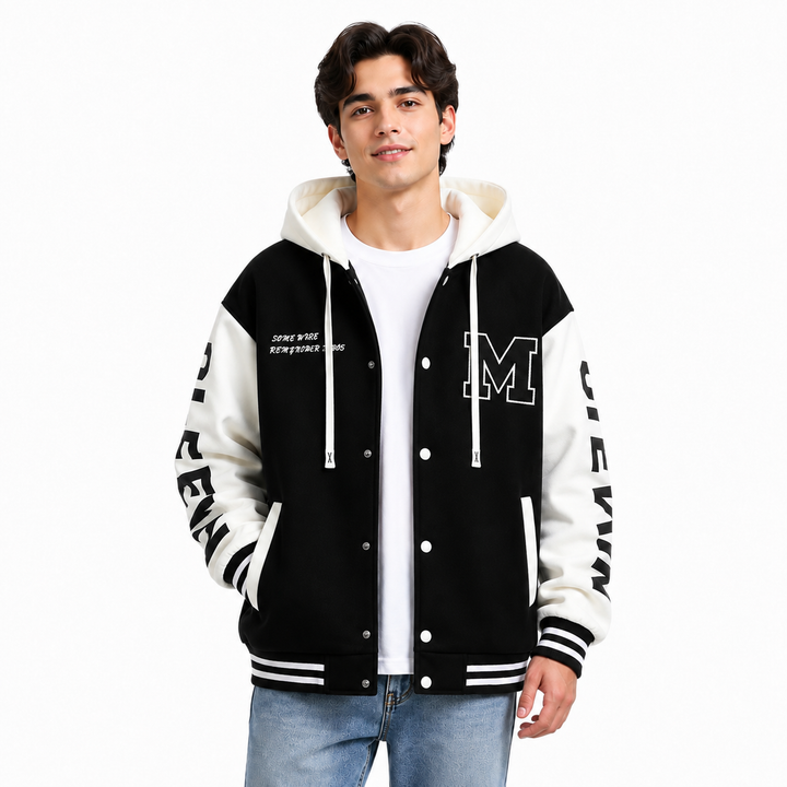 Black and white colorblock hoodie jacket shown on male model with hood, snap front and striped ribbed trim