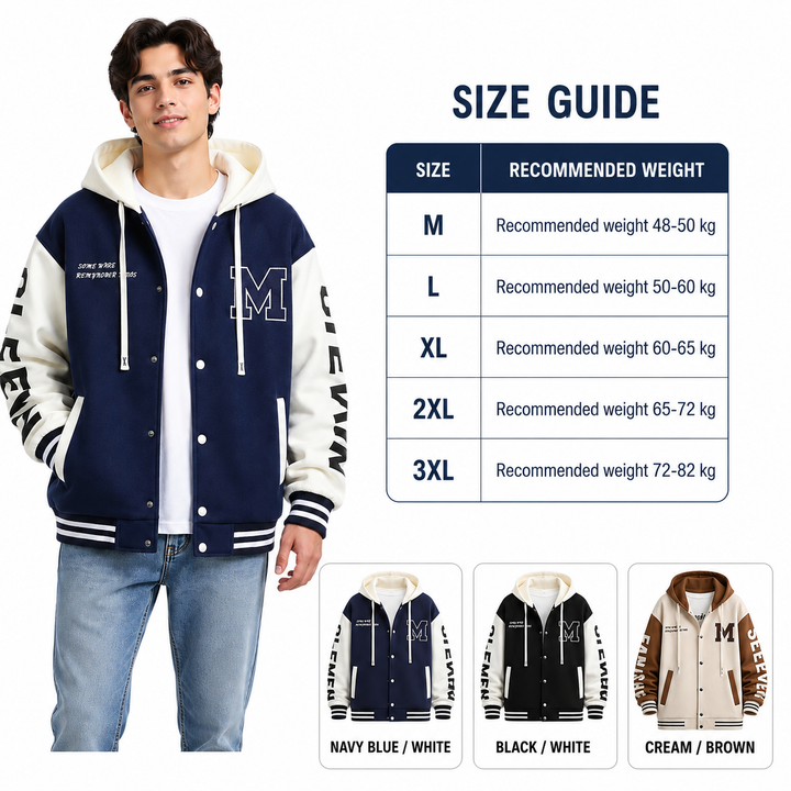 Size guide for boys colorblock hoodie jacket with M to 3XL recommended weight ranges and three color variants