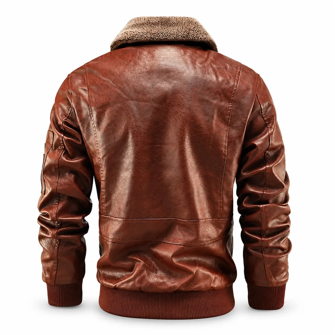 Brown faux leather jacket rear studio view with beige textured collar, back seams and ribbed cuffs and hem.