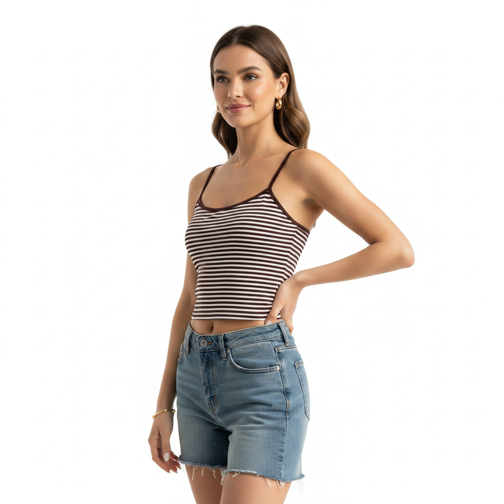 Woman wearing a striped tank top and denim shorts on a white background
