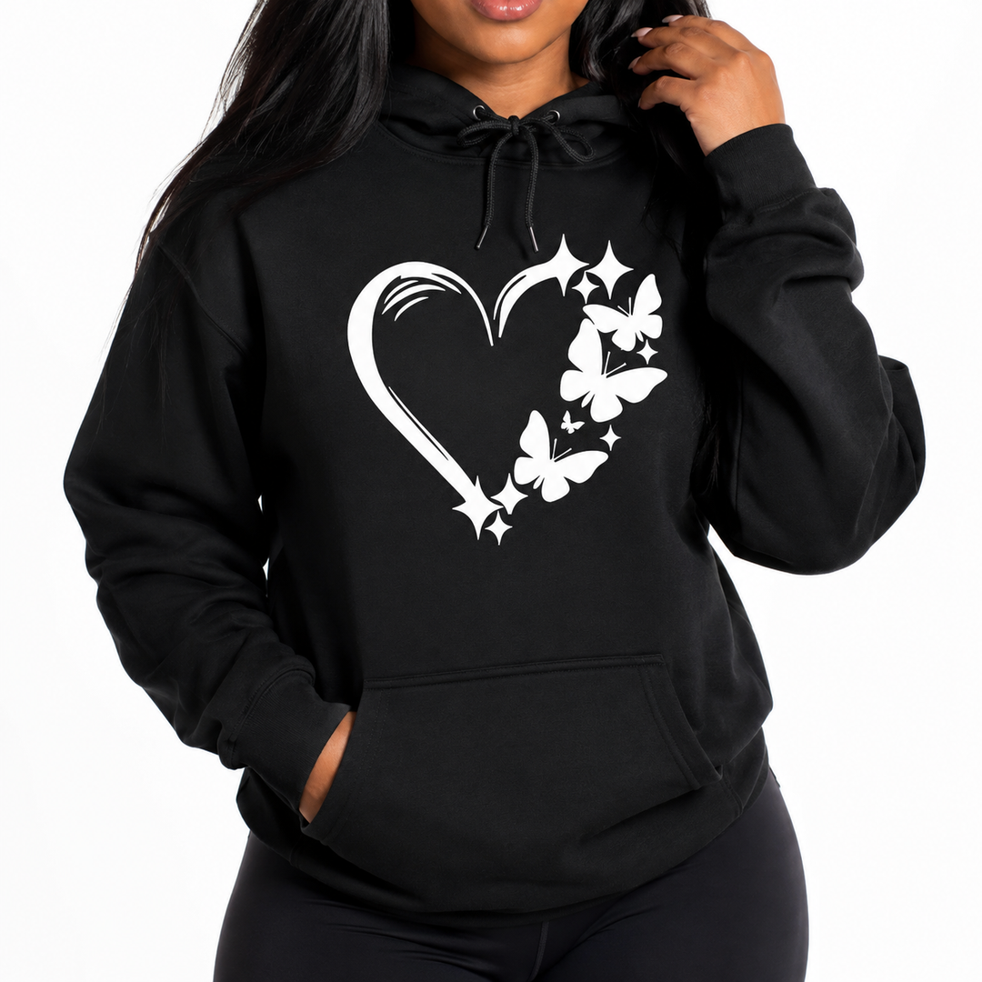 Black butterfly hoodie for women close-up showing white heart graphic