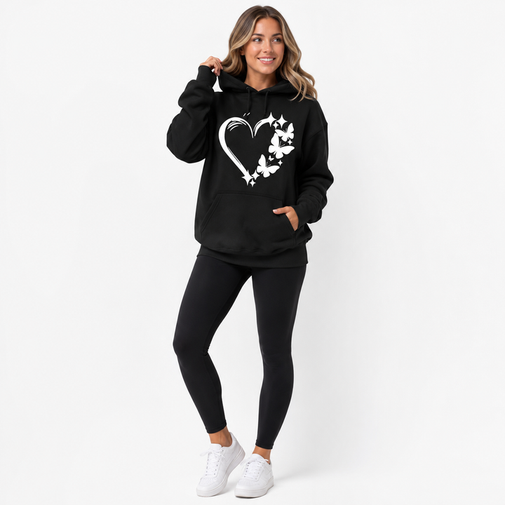 Black butterfly hoodie for women showing relaxed fit and front pocket