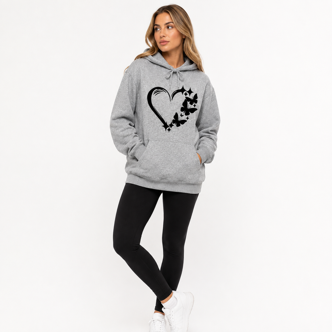 Heather gray butterfly hoodie for women three-quarter view