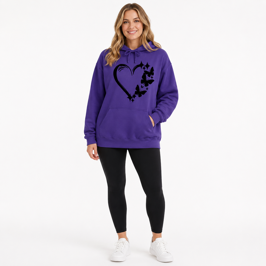 Royal purple butterfly hoodie for women front view with heart graphic