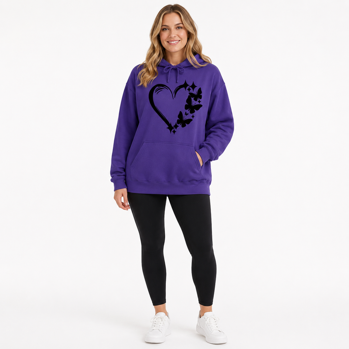 Royal purple butterfly hoodie for women front view with heart graphic
