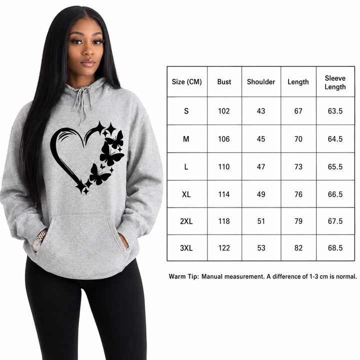 Butterfly hoodie women size chart in centimeters for sizes S to 3XL
