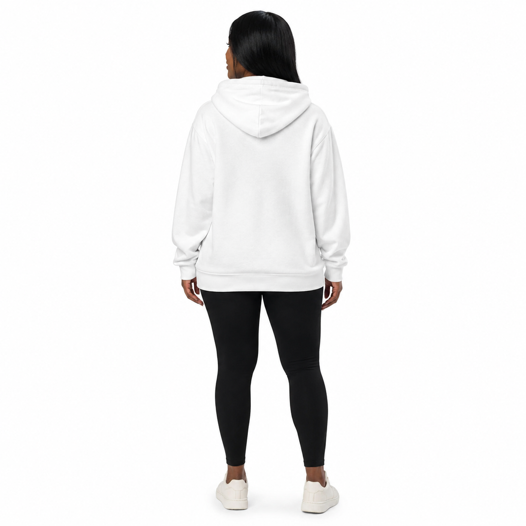 White butterfly hoodie for women back view showing relaxed fit