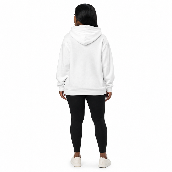 White butterfly hoodie for women back view showing relaxed fit