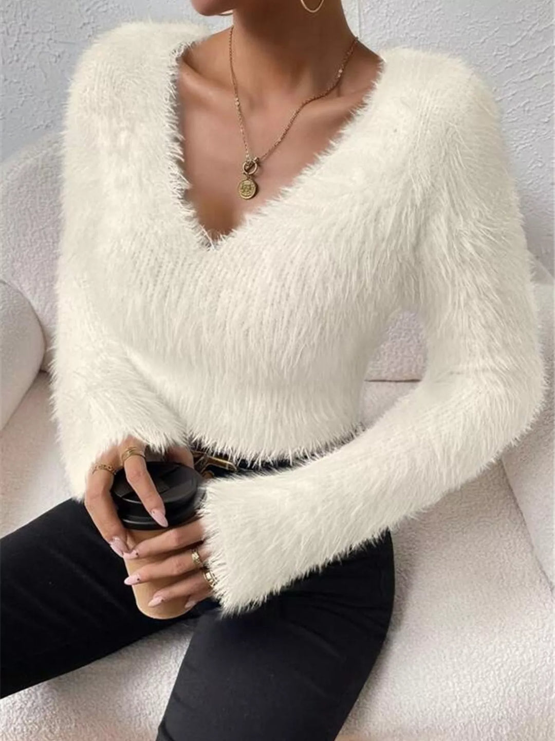 fluffy knit v neck sweater women everyday comfort look