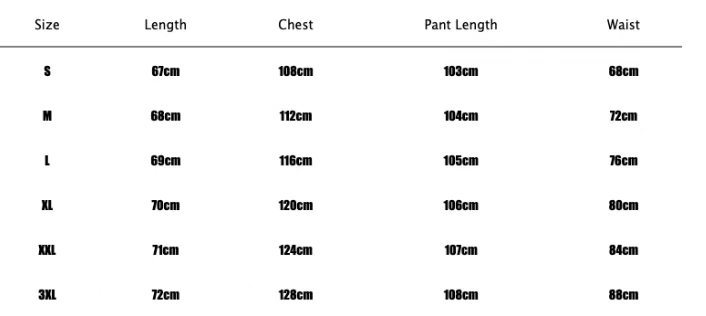 Size chart for clothing with measurements in centimeters