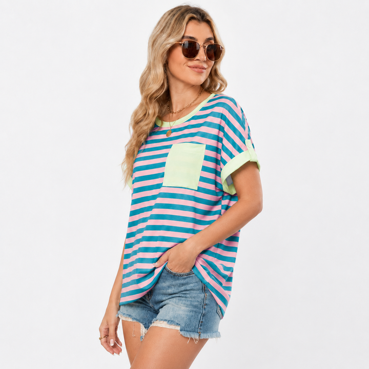 Printed loose fit top for women with short sleeves, easy drape, lightweight comfort, and versatile everyday styling at brunch