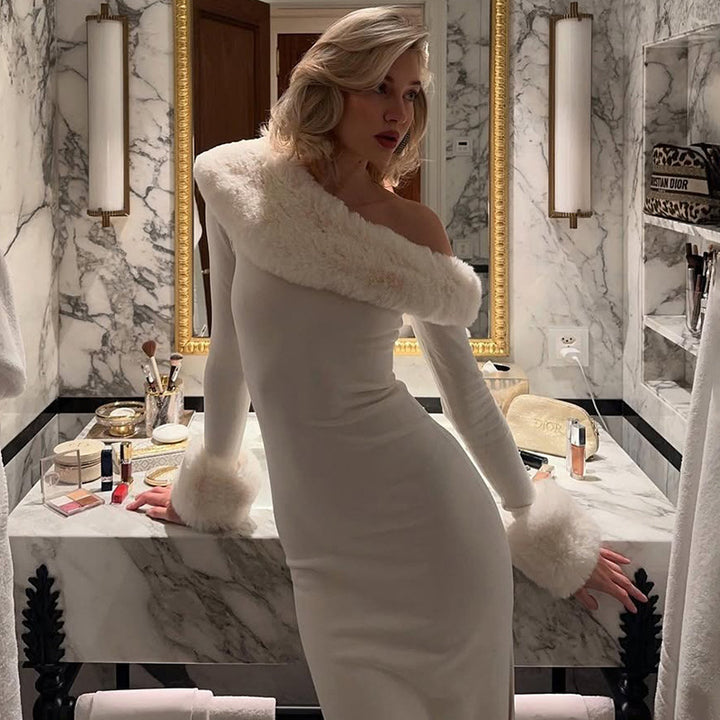 White Christmas Maxi Dress close detail of collar angle and cuff trim, showing patchwork finish and soft contrast texture
