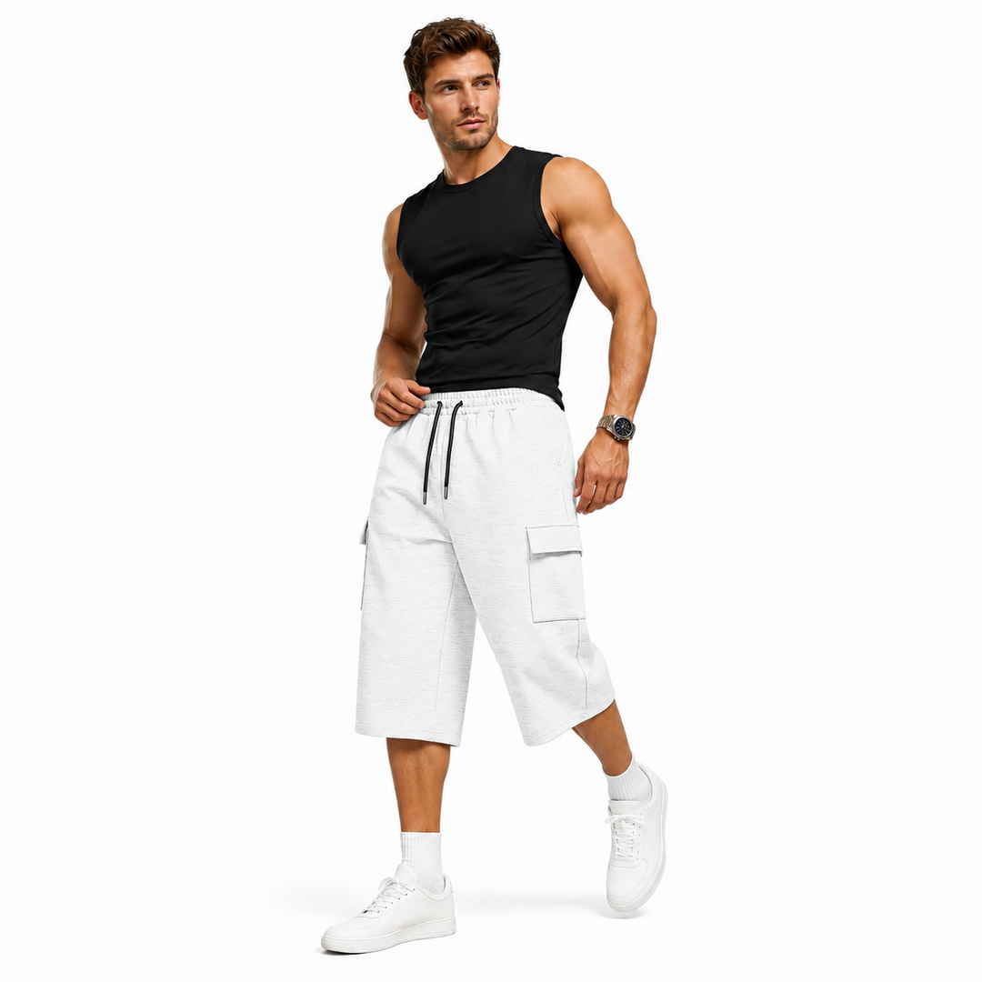 White mens cargo shorts with straight-leg cropped fit, drawstring waist and side pocket for clean summer outfits daily summer
