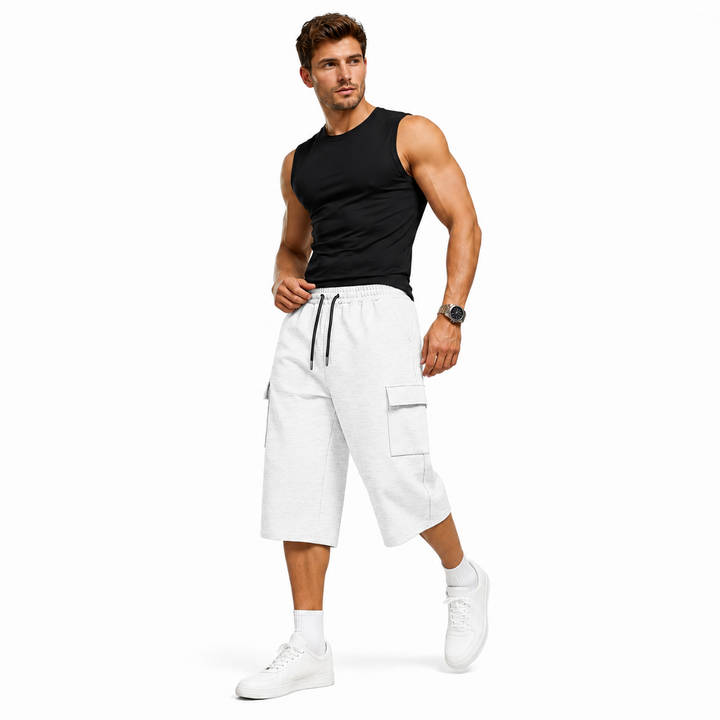 White mens cargo shorts with straight-leg cropped fit, drawstring waist and side pocket for clean summer outfits daily summer