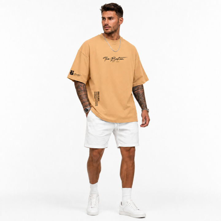 Apricot men short sleeve shirt with casual letter design, loose version and polyester fabric for simple summer styling today.