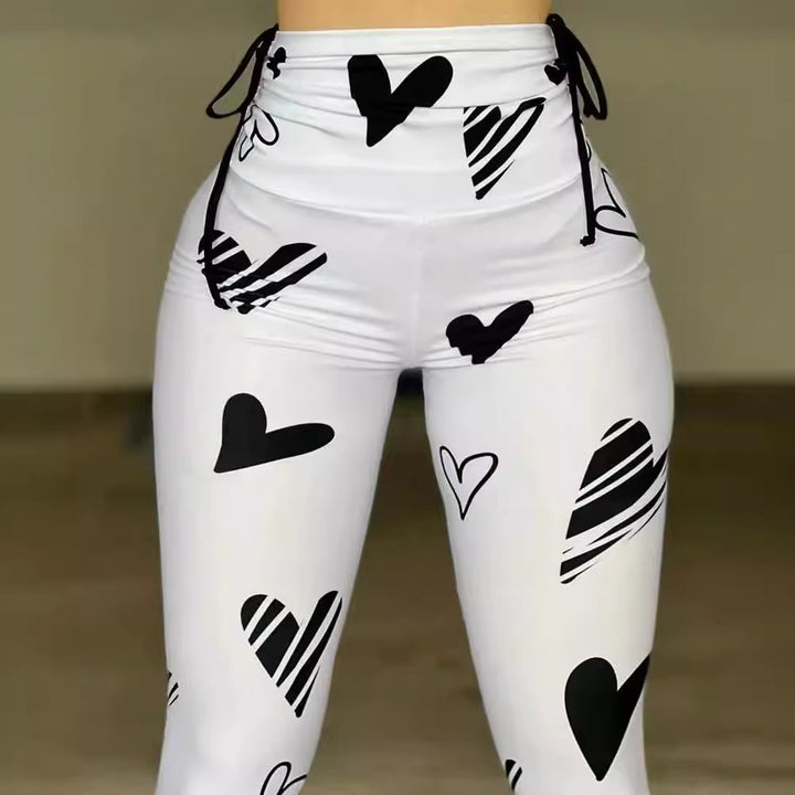 heart print yoga leggings elastic waistband adjustment detail