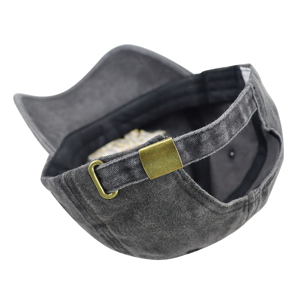 Back view of metal snapback closure and adjustment strap on vintage washed grey cotton baseball cap