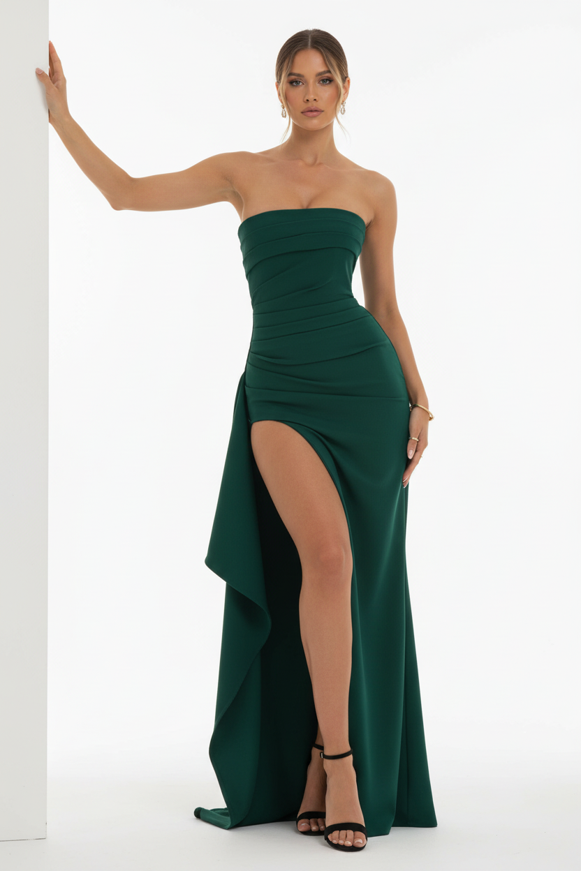 Strapless Pleated Maxi Dress Elegant Split Style Summer