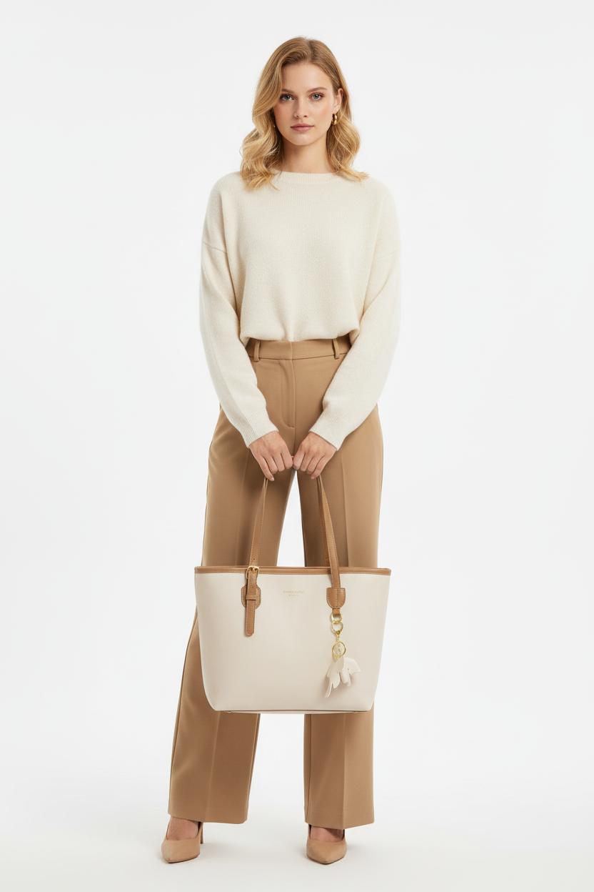 Woman holding a cream tote bag against a white background