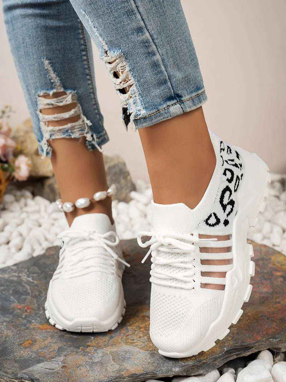 Leopard Cutout Mesh Lace-Up Sneakers - Stylish Flats