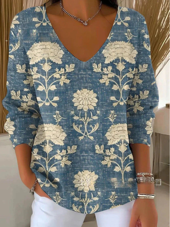 Women's Gradient Color V-neck Long-sleeved T-shirt