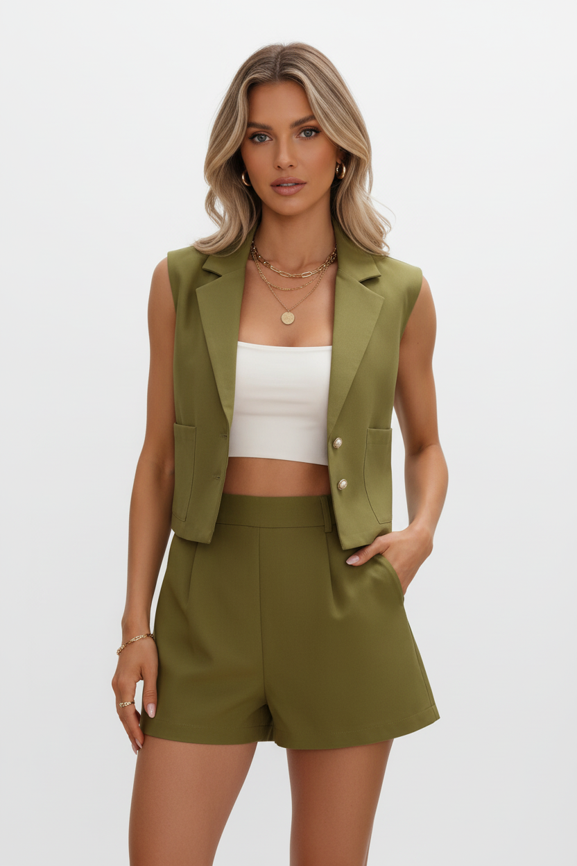 Sleeveless lapel vest black tailored waist women's two-piece suit set styled for business casual office wear
