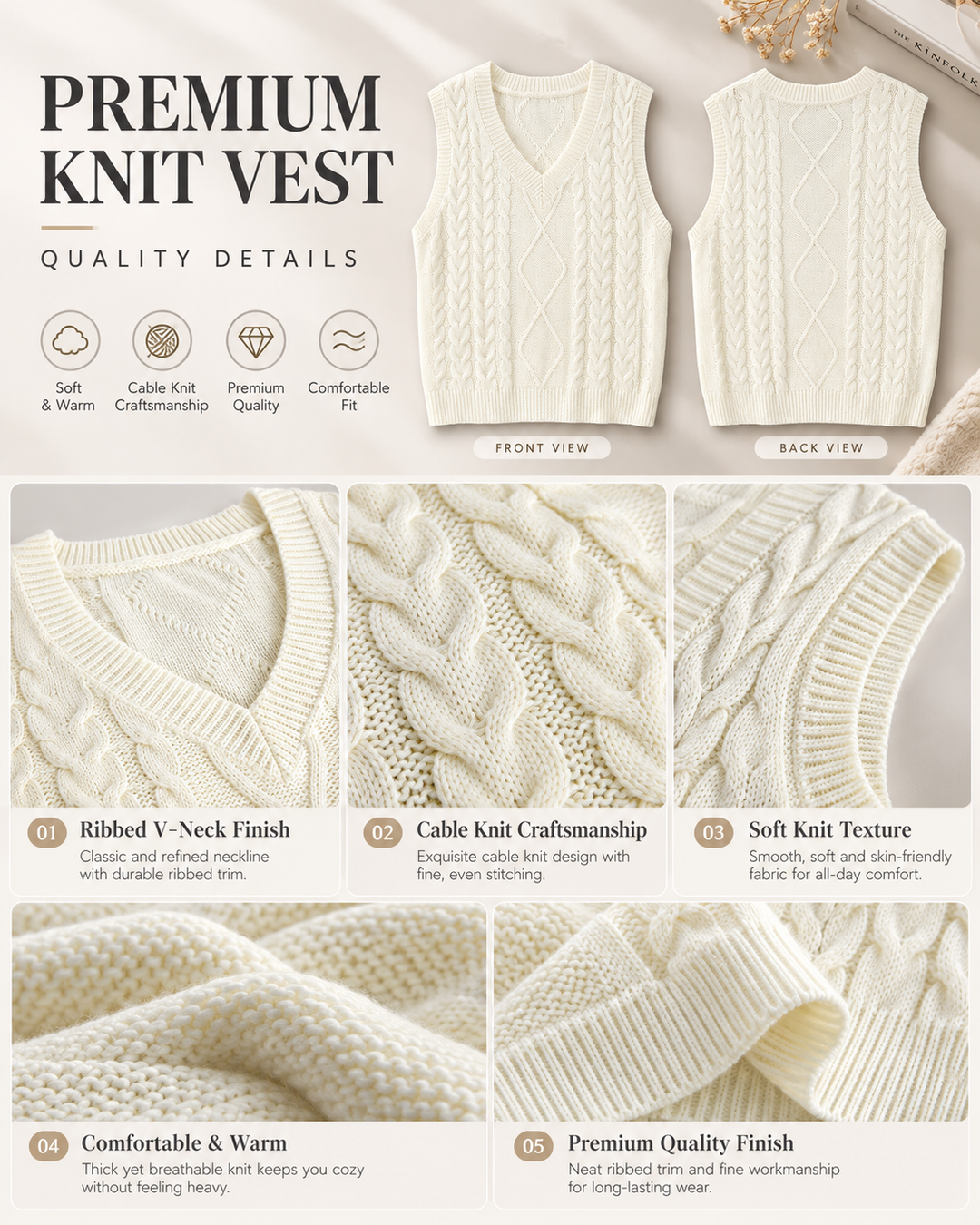 Existing cream knit vest infographic with front and rear illustrations, neckline and knit close-ups, icons and English texts.