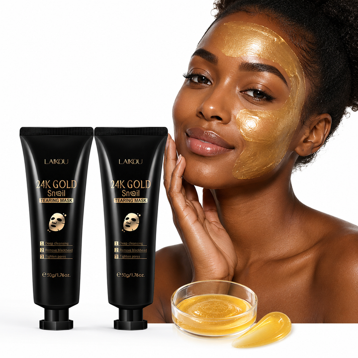 Hydrating peel off face mask set with gold snail look, eyebrow shaving knife, and simple home skincare routine focus for glow