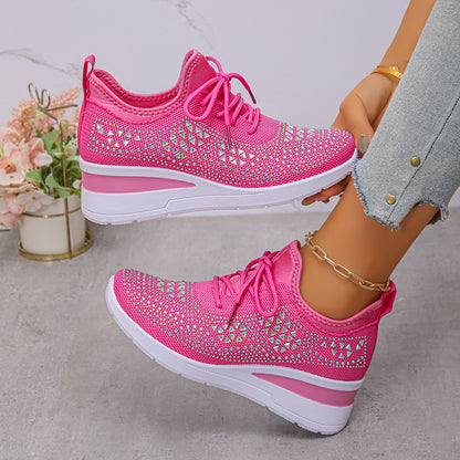 Ins Rhinestone Wedge Sneakers With Hidden Height Boost