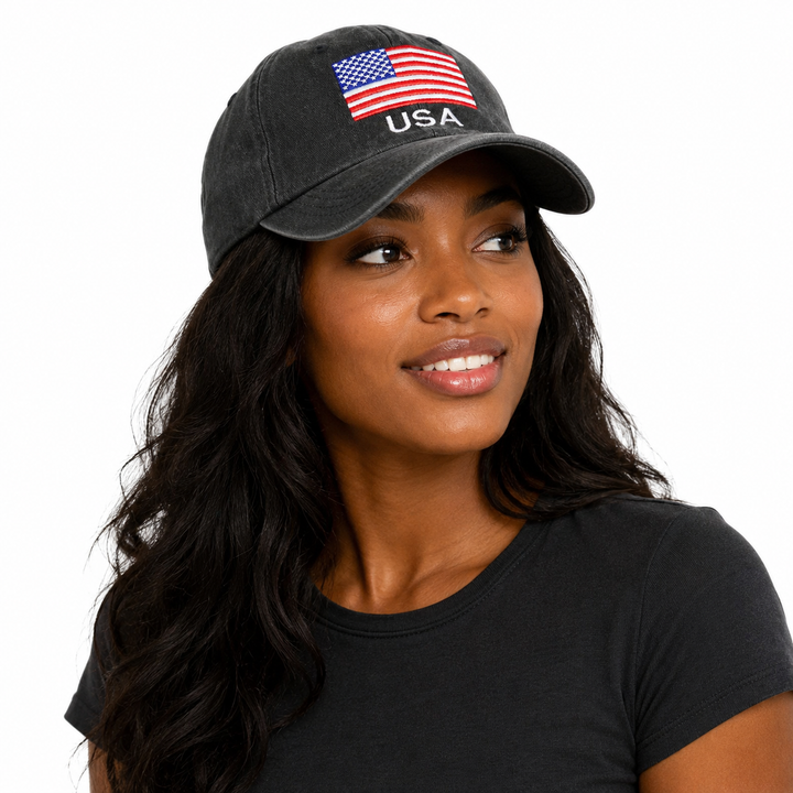 Vintage patriotic baseball caps for men, women and teens with washed cotton, USA embroidery and an adjustable buckle closure.
