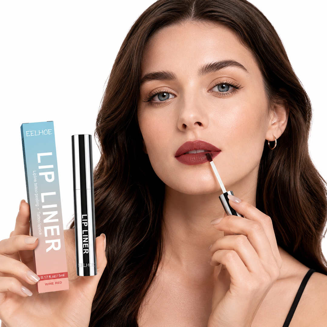 A woman with long brown hair applies a dark reddish-brown lip liner from an applicator while holding the product box and tube. The packaging is light blue at the top fading to pink at the bottom, with black and white stripes on the tube.