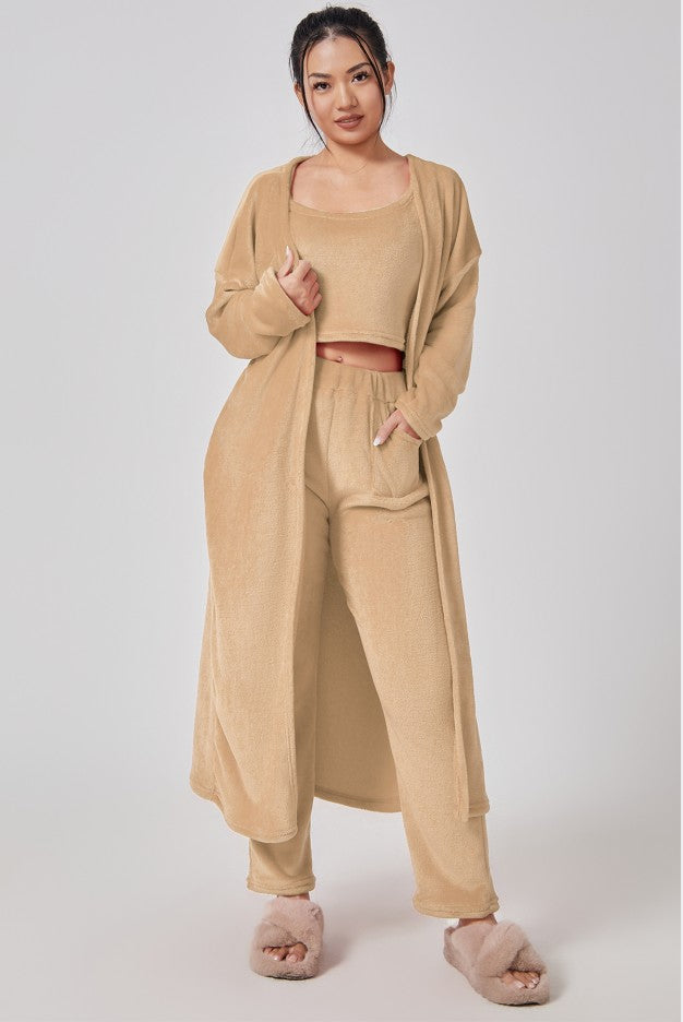 cozy pajama set women three piece lounge outfit in camel styled with slippers for chic at home winter mornings