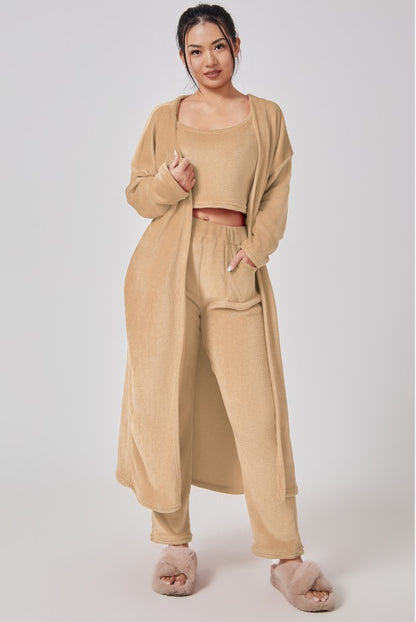 cozy pajama set women three piece lounge outfit in camel styled with slippers for chic at home winter mornings