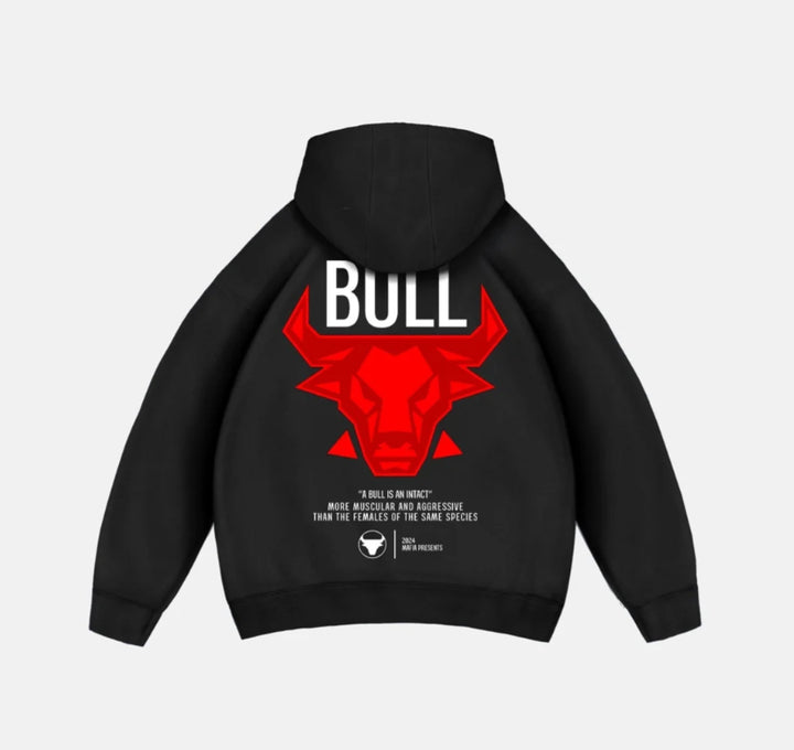 Back view of the black hooded pullover laid flat, showing the red angular bull graphic, white BULL lettering and long sleeves