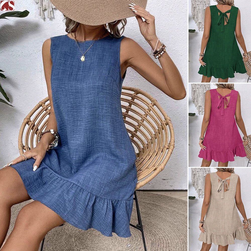 Loose sleeveless ruffle beach dress for women back view straight cut summer vacation warm-weather outfit style
