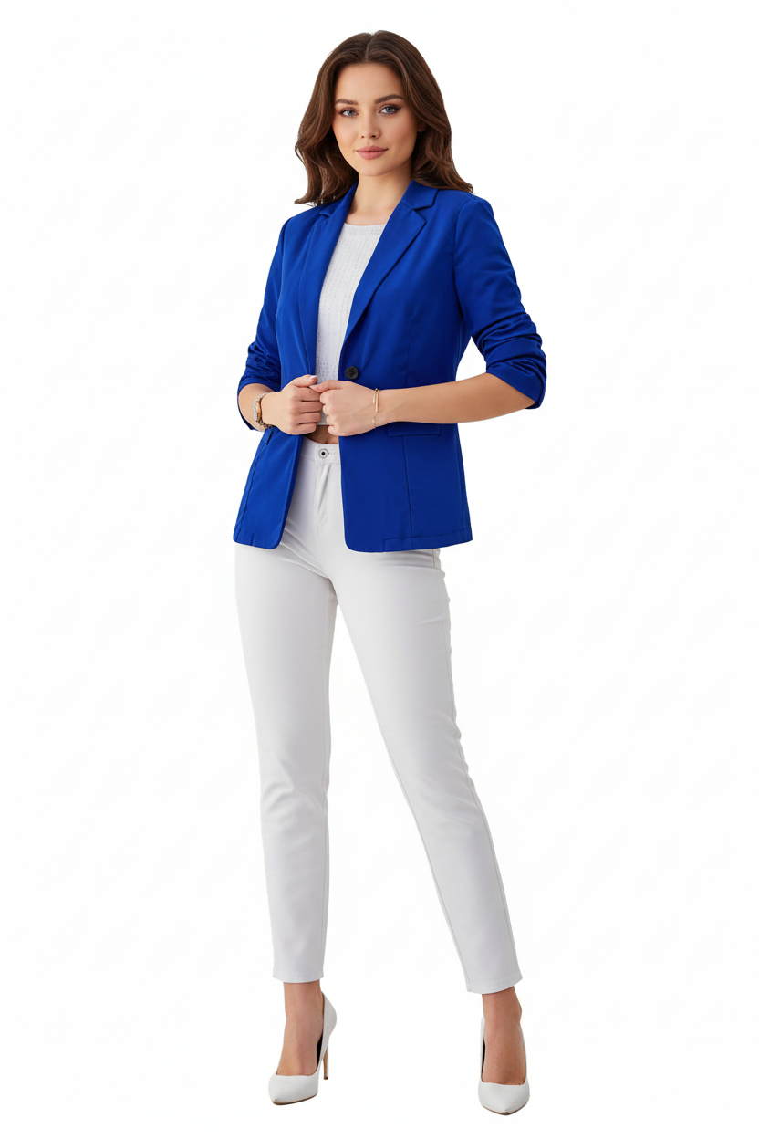 Fitted ladies blazer with pleated puff sleeves, sapphire blue, front view