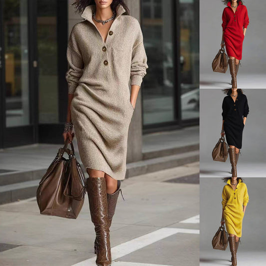 Assorted long sleeve sweater dresses in black, red, yellow and khaki on rack, curated winter knit collection for women