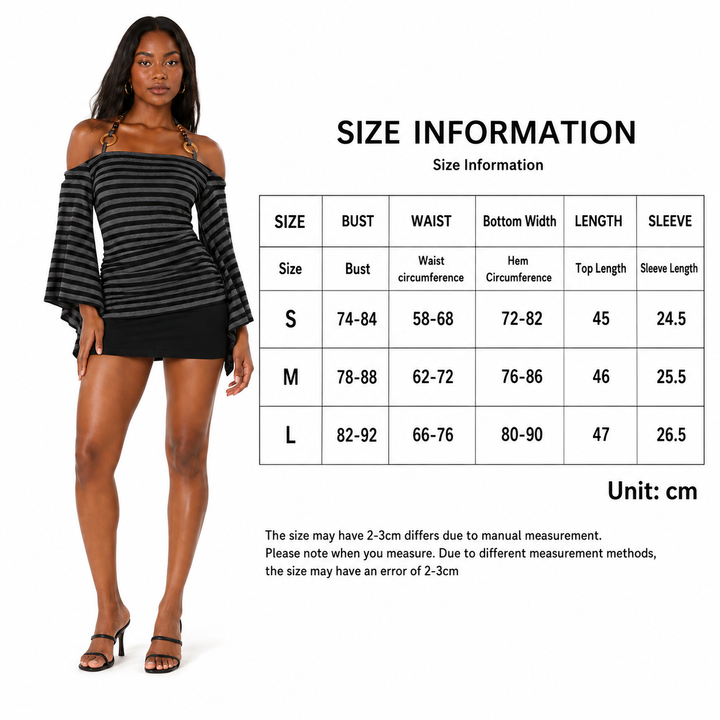 A size chart graphic showing a woman modeling a black and gray striped off-the-shoulder mini dress next to a size measurement table with bust, waist, bottom width, length, and sleeve measurements in centimeters.