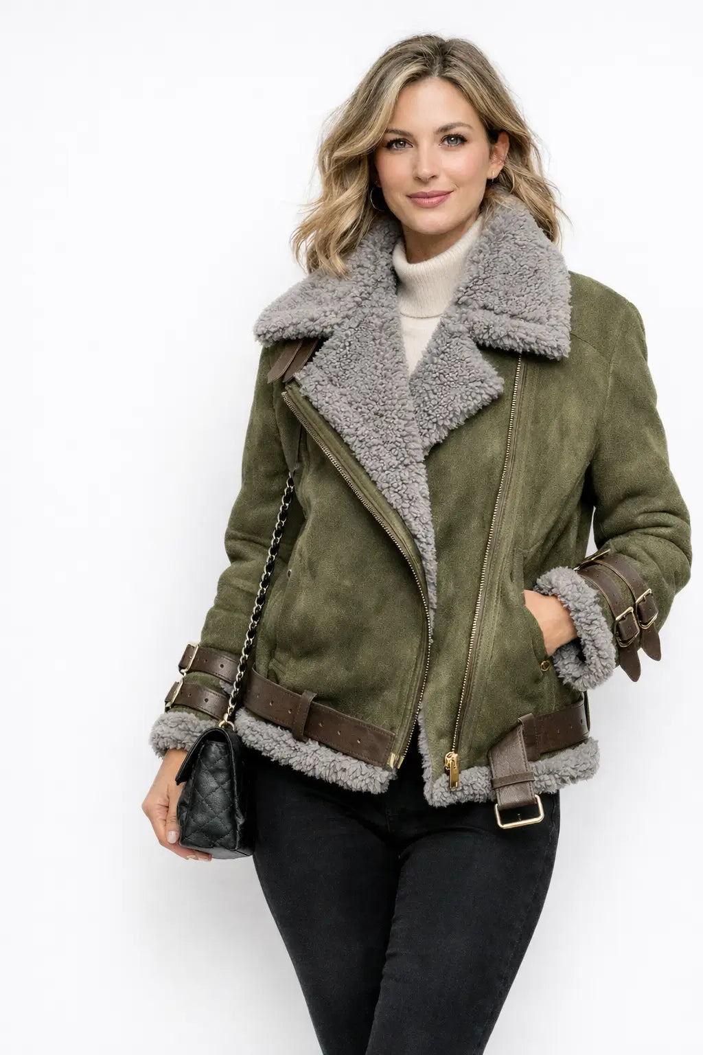 plus size women winter coat structured shape side profile street context