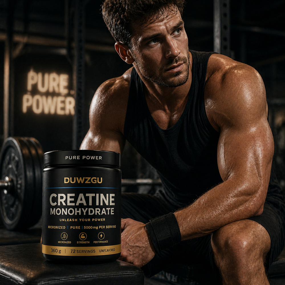 Watermelon-flavored creatine drink styled with fresh gym essentials and clean lighting