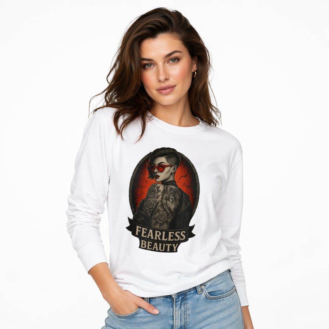 Model wearing a Fearless Beauty long sleeve graphic tee with relaxed sleeves and vintage streetwear mood