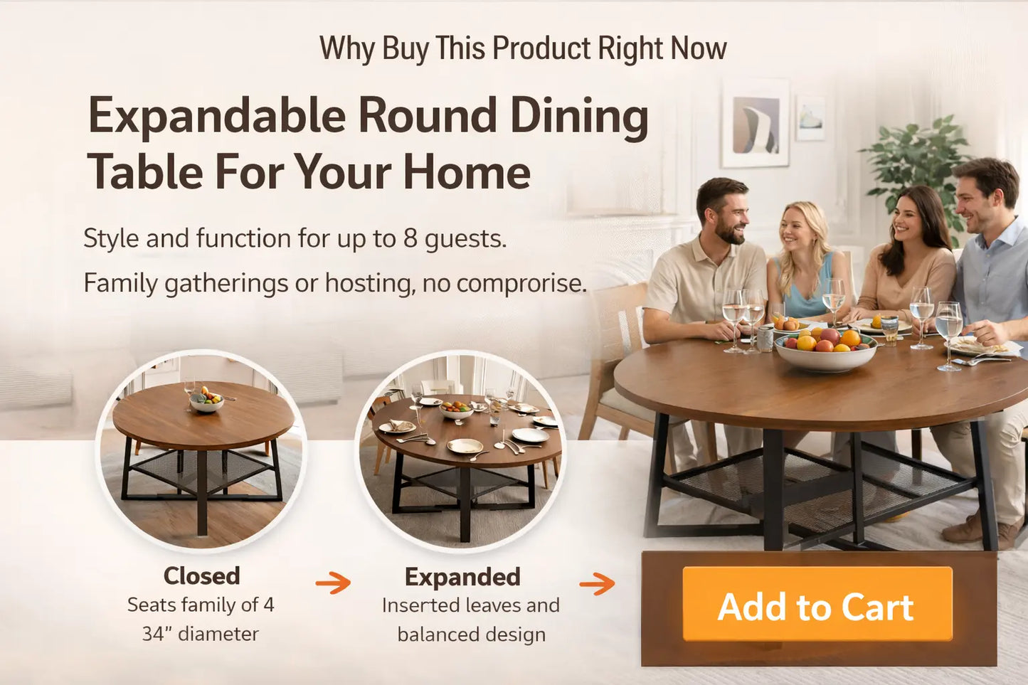 Extendable round dining table mechanism hidden extension panel