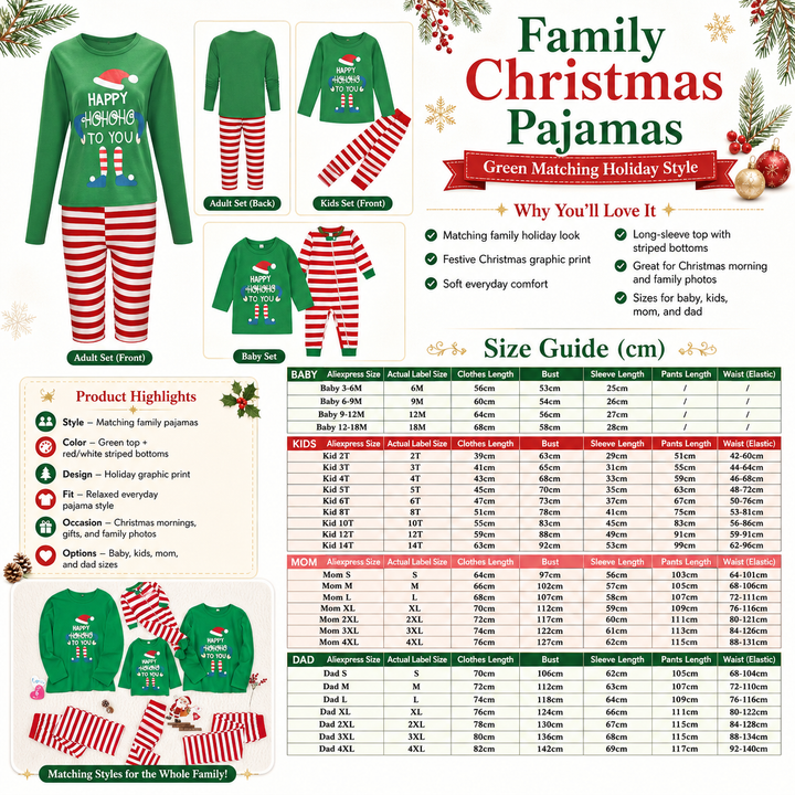 Family Christmas pajamas product collage with green matching sets and size guide in centimeters