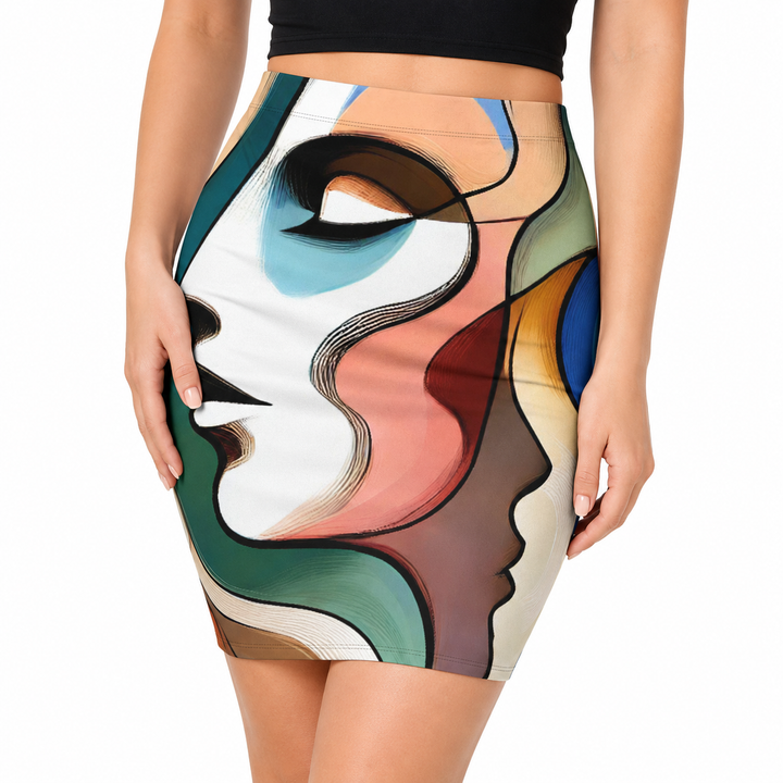 Close view of tropical floral pencil skirt print with butterflies, lush flowers and vivid color detail for statement outfits.
