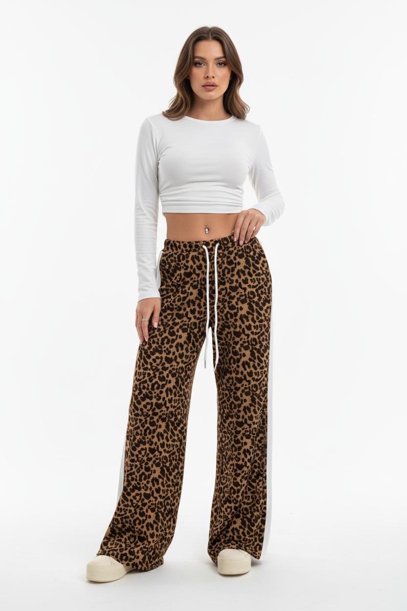 Coffee-toned leopard wide-leg pants styled with pointed mules for a smart-casual outfit