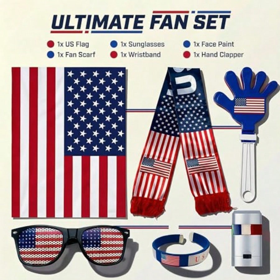 Ultimate Fan Set with American flag-themed items on a white background