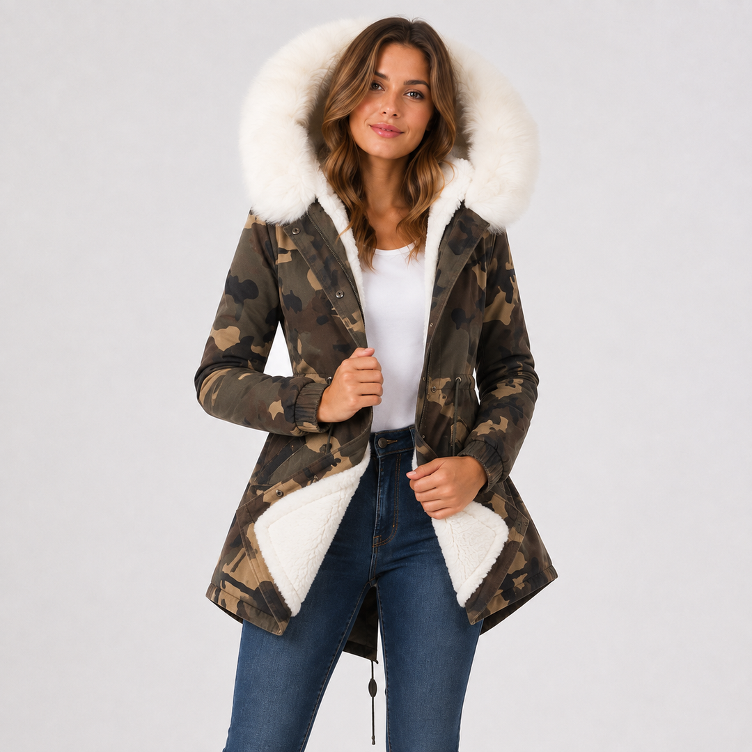 Camouflage coat hero view on a female model with white faux fur hood trim, white lining, long sleeves, and shaped waist line.