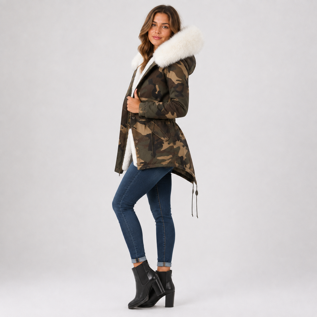 Camouflage hooded coat side view on a female model showing white fur trim, waist shaping, long sleeves and curved longer hem.